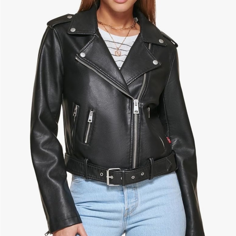 Levi's women’s Belted Motorcycle Jacket Faux Leather Bikercore Grunge Goth